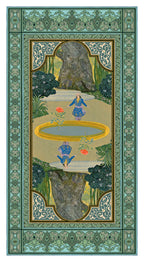 Decorative rug with intricate patterns and a central design of a person in a blue dress standing by a pool.