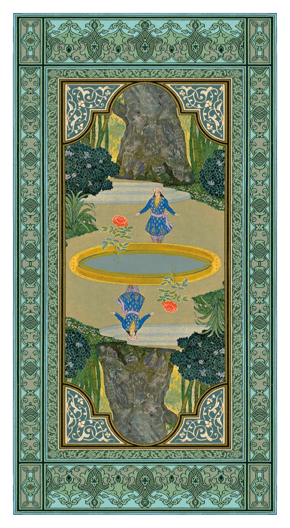 Decorative rug with intricate patterns and a central design of a person in a blue dress standing by a pool.