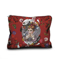Red pouch with floral design and central illustration on a white background