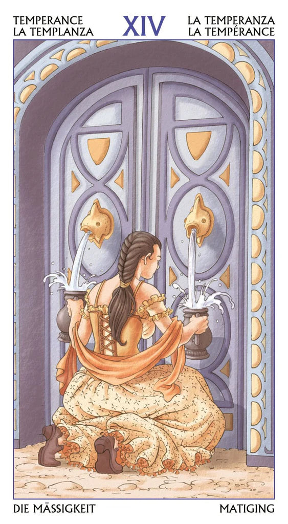 Tarot card titled 'La Temperanza' with a woman holding two swords in front of an ornate door.