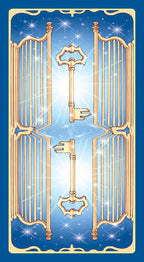 Decorative key design on a blue background with gold accents