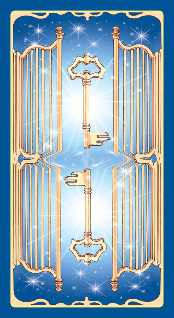 Decorative key design on a blue background with gold accents