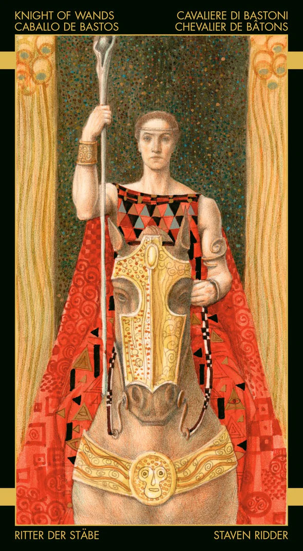 Decorative card featuring a knight in armor with a spear, surrounded by intricate patterns and text.