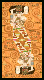 Artistic depiction of a woman with geometric patterns and swirling designs on an orange background