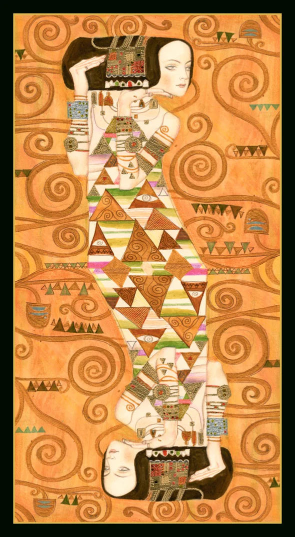 Artistic depiction of a woman with geometric patterns and swirling designs on an orange background