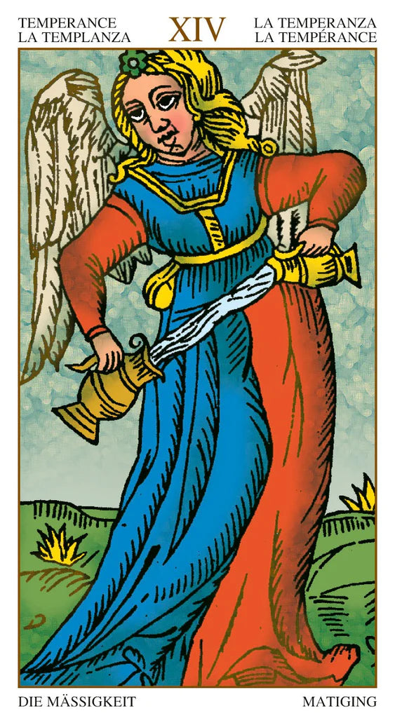 Tarot card featuring an angel with a sword, labeled 'La Temperanza' or 'Temperance'.