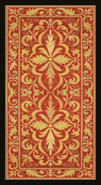 Decorative red and yellow patterned tarot card back with intricate design
