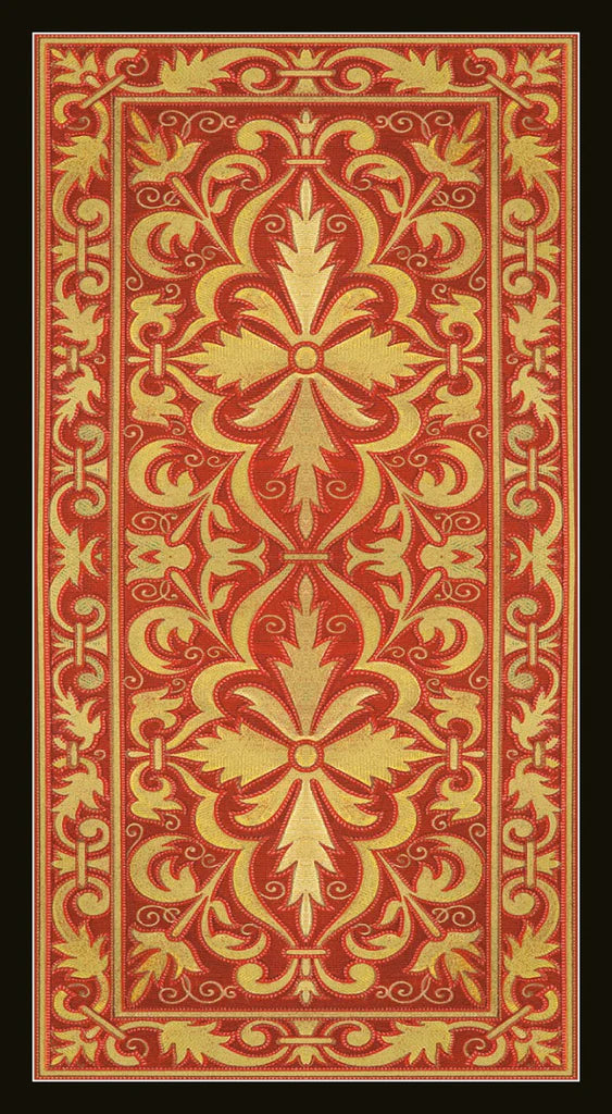 Decorative red and yellow patterned tarot card back with intricate design