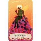 Card featuring a fairy with wings sitting on a pile of flowers with 'Queen of Wings' text.