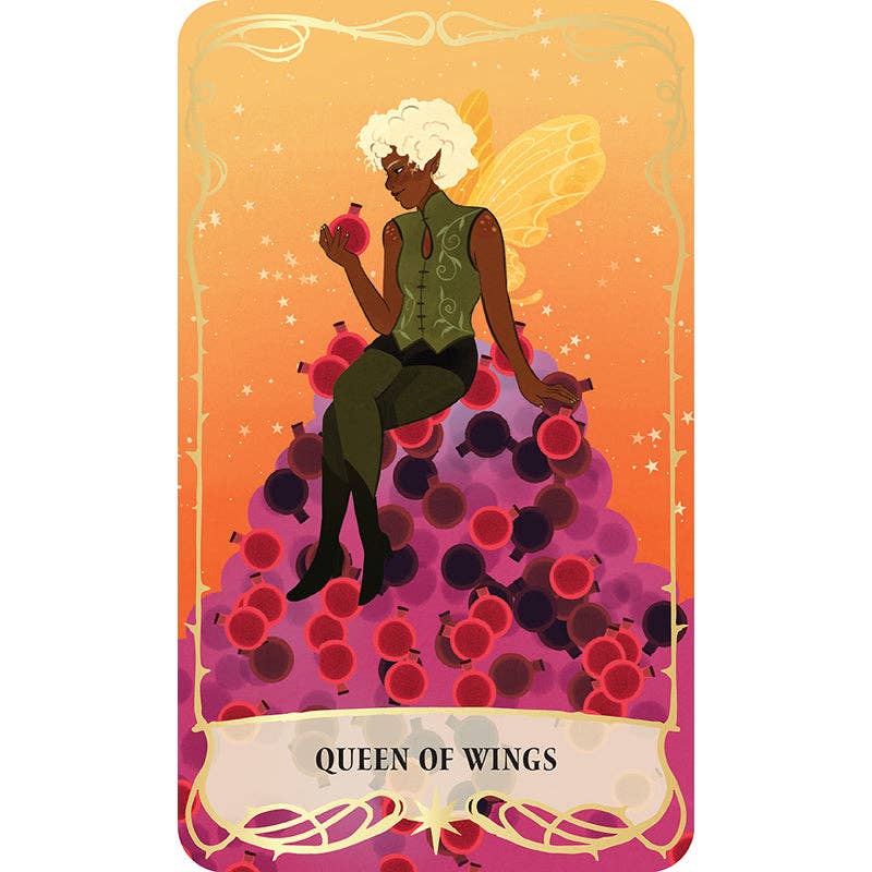 Card featuring a fairy with wings sitting on a pile of flowers with 'Queen of Wings' text.