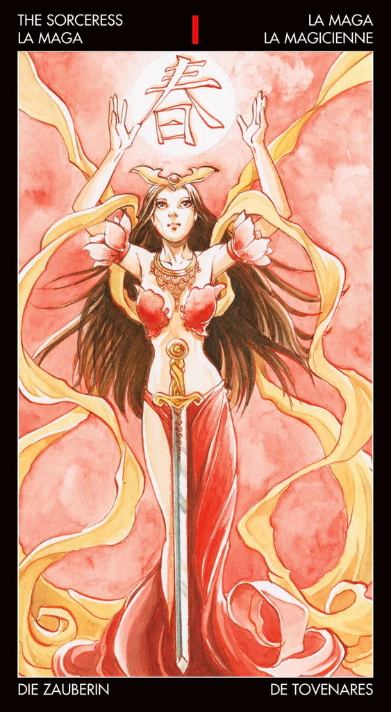 Illustration of a woman in a fantasy setting with a sword, set against a pink and orange background.