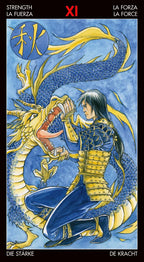 Card featuring a warrior and dragon with text in multiple languages