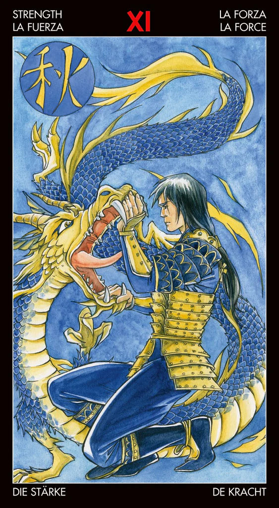 Card featuring a warrior and dragon with text in multiple languages