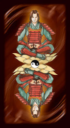 Illustration of a samurai in traditional armor with a yin-yang symbol on a brown background