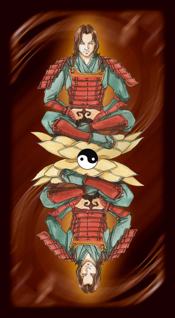 Illustration of a samurai in traditional armor with a yin-yang symbol on a brown background
