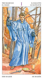 Card from a tarot deck featuring a figure in a blue robe holding a staff, with autumnal trees in the background.