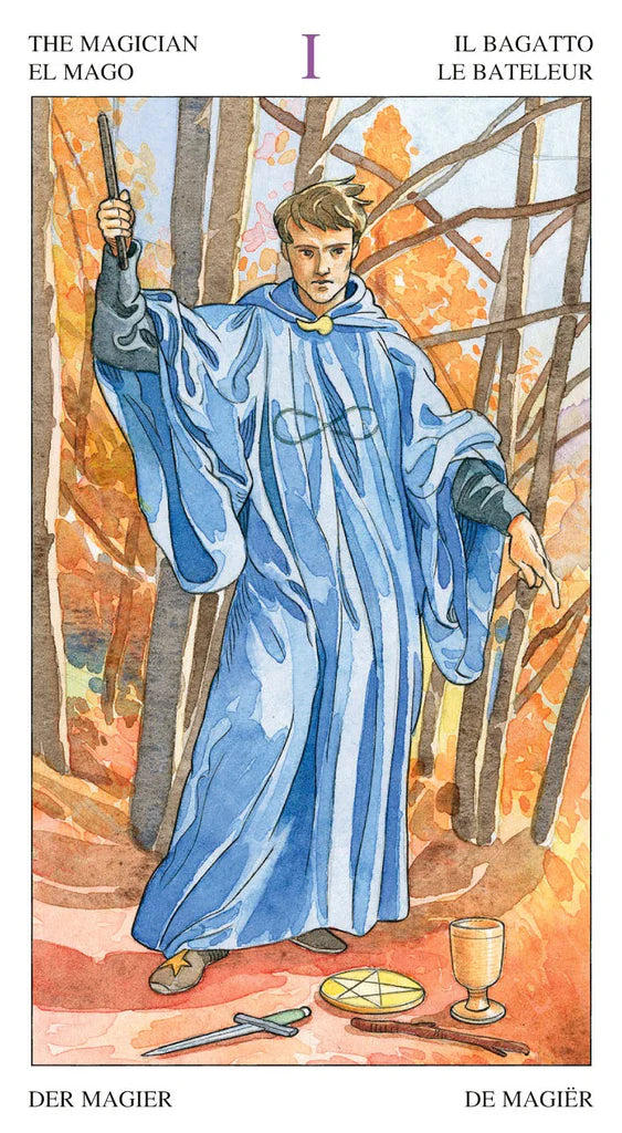 Card from a tarot deck featuring a figure in a blue robe holding a staff, with autumnal trees in the background.