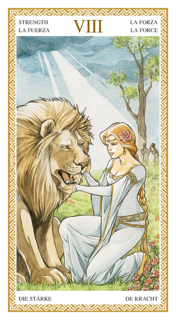 Tarot card featuring a woman and lion with a scenic background