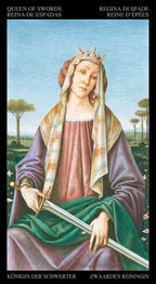 Card featuring a woman holding a sword with a scenic background