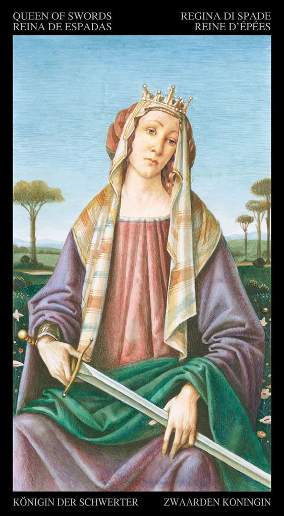 Card featuring a woman holding a sword with a scenic background