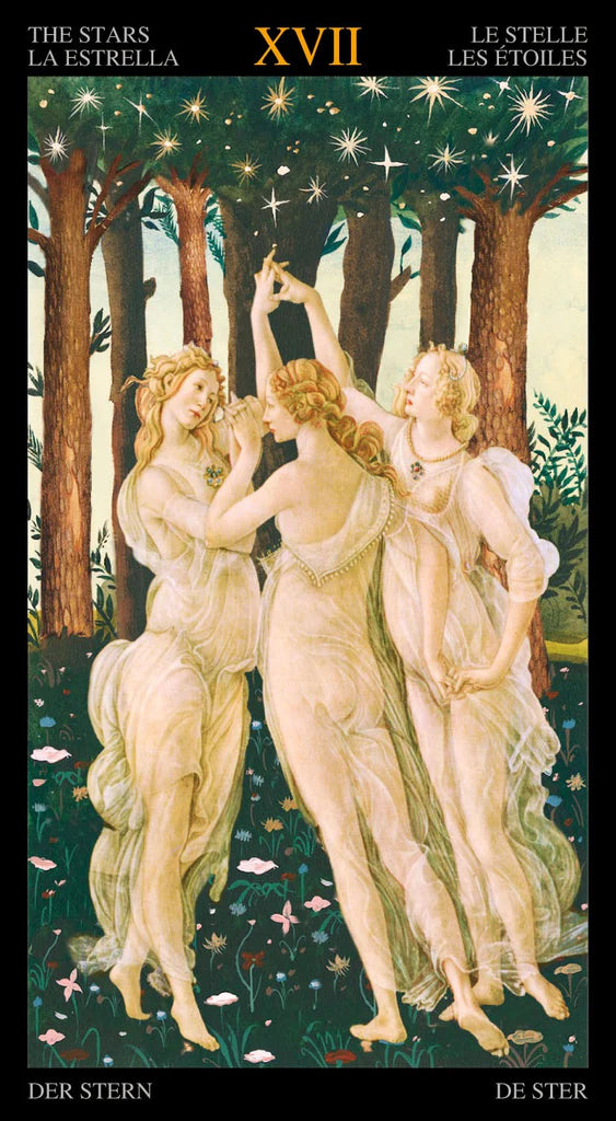 Tarot card featuring two women in a forest with stars above, labeled 'The Stars' or 'La Estrella'.