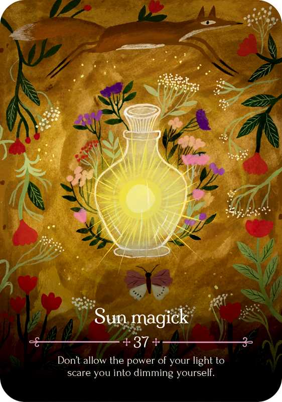 Illustration of a glowing lantern surrounded by nature elements with text 'Sun magick' on a dark background.
