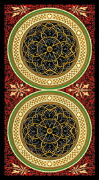 Decorative design with circular patterns and intricate details on a red background