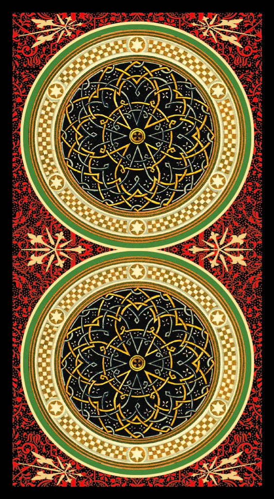 Decorative design with circular patterns and intricate details on a red background