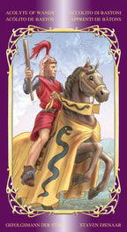 Card from a tarot deck featuring a warrior on horseback with a purple border