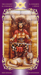 Card from a tarot deck featuring a warrior with a sword and a wolf, on a purple background.