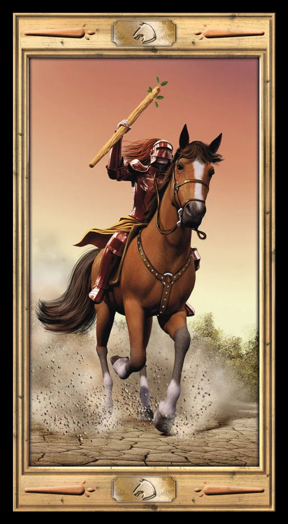 Horse and rider on a wooden platform with a decorative border