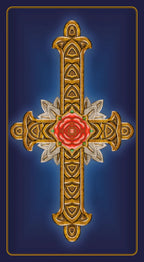 Decorative cross with a red rose in the center on a blue background