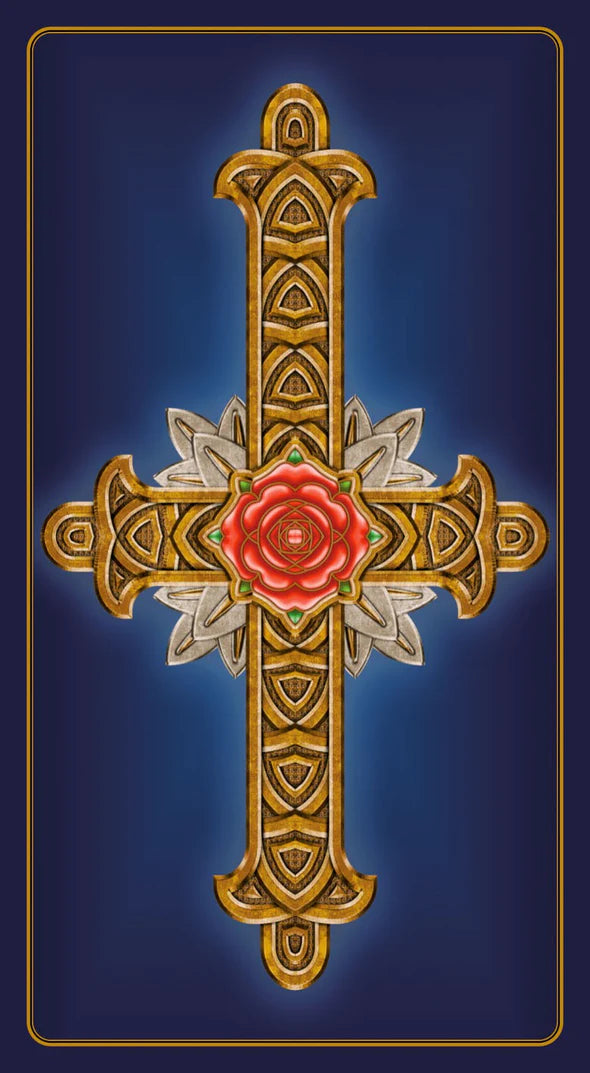 Decorative cross with a red rose in the center on a blue background