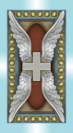 Decorative panel with wings, cross, and decorative border on a light blue background