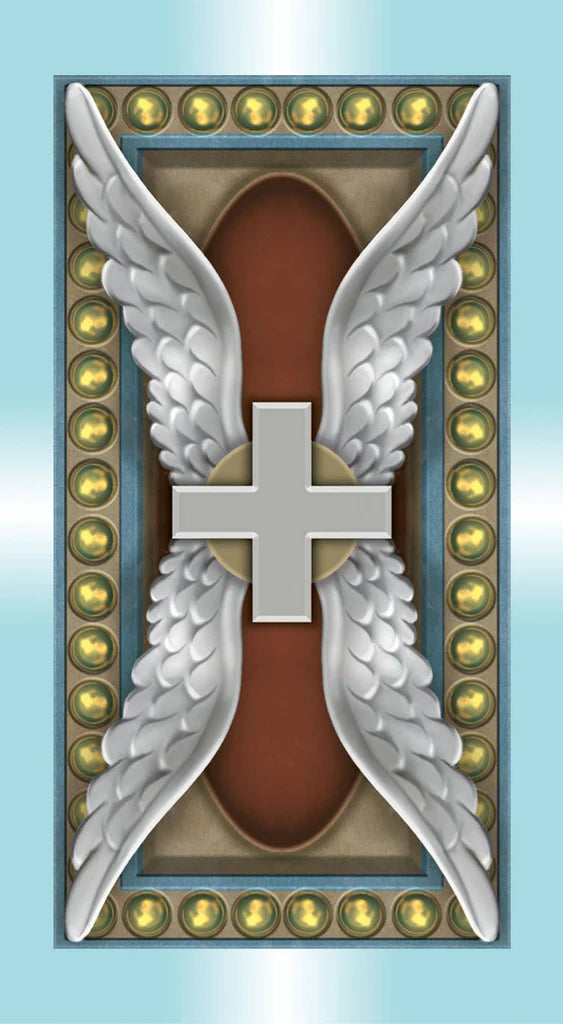 Decorative panel with wings, cross, and decorative border on a light blue background