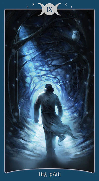 Tarot card featuring a figure walking through a dark, tree-lined path with a blue glow.