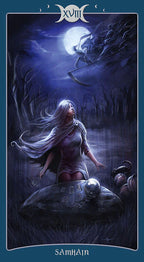Artistic depiction of a woman with long hair under a moonlit sky, with a dark, mystical atmosphere.