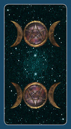 Wiccan symbol with pentacle and moon phases against a starry night sky