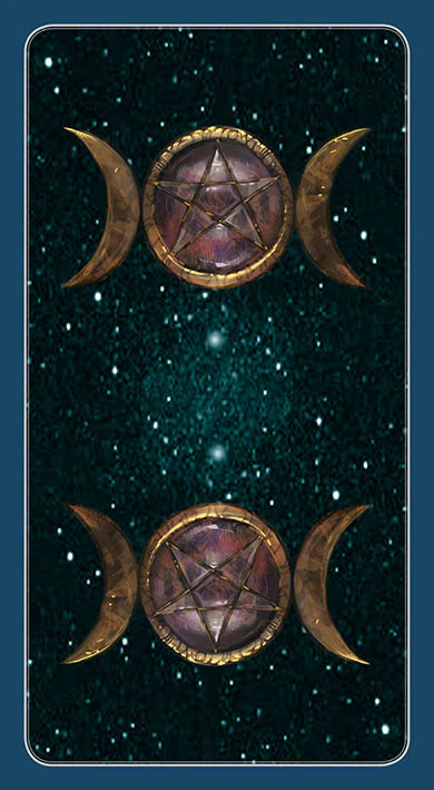 Wiccan symbol with pentacle and moon phases against a starry night sky