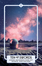 Illustration of an observatory with a starry night sky and text 'Ten of Swords' at Aoraki Mackenzie Dark Sky Reserve, New Zealand.