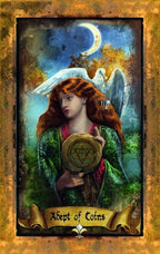 Artistic depiction of a woman holding a book with a symbol, surrounded by nature and an angel, titled 'Adept of Coins'.