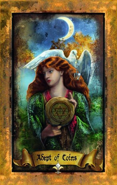 Artistic depiction of a woman holding a book with a symbol, surrounded by nature and an angel, titled 'Adept of Coins'.