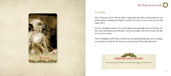 A printed card or booklet spread showing a vintage-style illustration labeled 'The Major Miraculous Card' on the left and a text message titled 'In a reading' on the right, with a cream background.