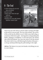 Card from a tarot deck with text and an illustration of a person with a scythe and dog.