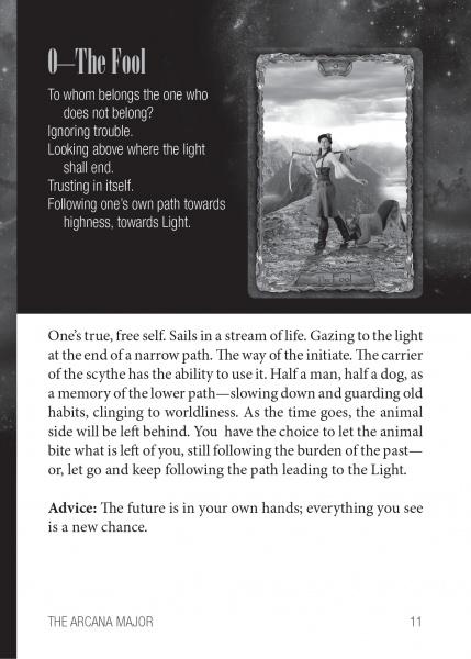 Card from a tarot deck with text and an illustration of a person with a scythe and dog.