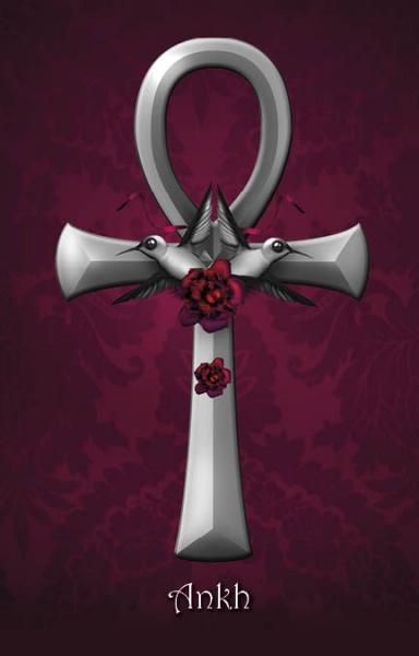 Silver ankh symbol with birds and flowers on a purple background