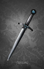 Decorative dagger with gemstones on a gray floral patterned background