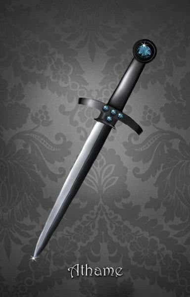 Decorative dagger with gemstones on a gray floral patterned background