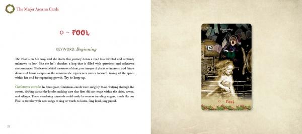 A printed spread showing the front and back of a card deck booklet or book page. The left page has a title at the top, a short description, and a block of text under the heading 'KEYWORD: Beginning.