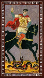 Mosaic of a knight on horseback with a dragon, surrounded by decorative borders.